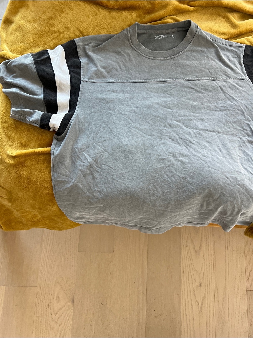 Abercrombie & Fitch Light Gray Tee with Black & White Striped Sleeve